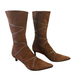 Lorbac- brown suede and leather boots - 2inch kitten heel, pointy toe. Size 40.5